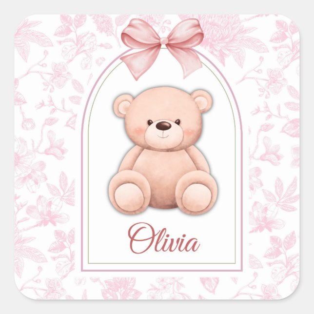 Olivia | Custom Pink Teddy Bear Nursery Design  Square Sticker (Front)
