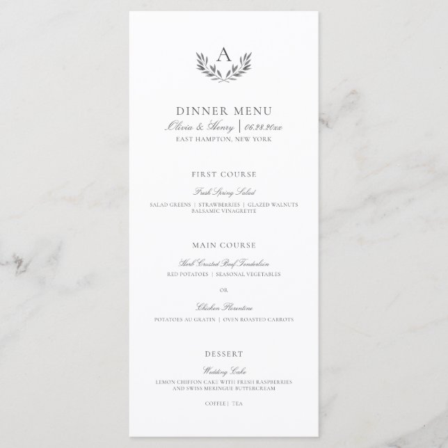 Olivia Elegant Simple Grey White Wedding Menu (Front)