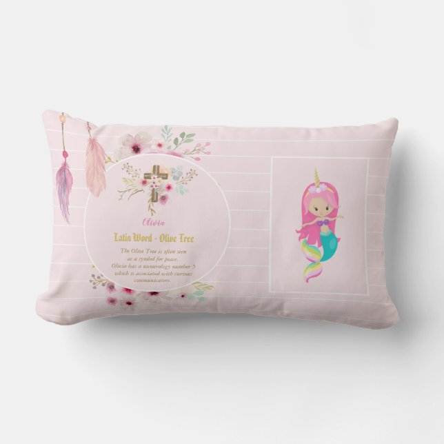 OLIVIA - Girls Name Meaning Gift - Mermaid Unicorn Lumbar Cushion (Front)