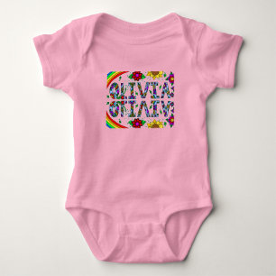 Olivia, Girl's Name Whimsical Folk Art   Baby Bodysuit