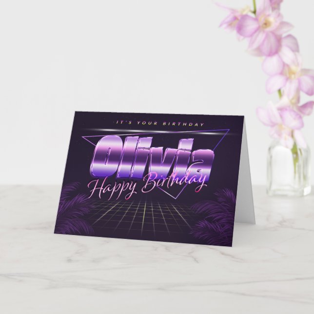 Olivia Name First name lila retro Map Birthday Card (Orchid)