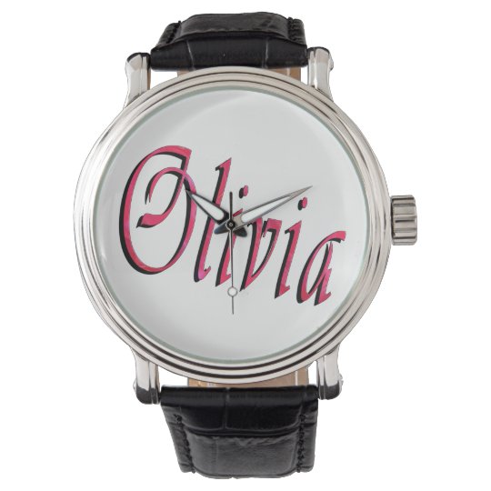 Olivia, Name, Logo, Large Black Leather Watch. Watch