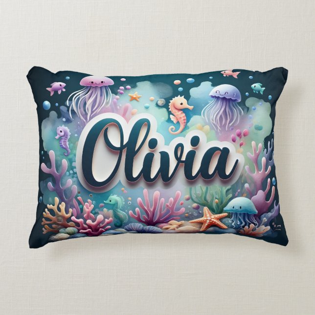 Olivia Name Ocean Theme Decorative Sea Life Cushion (Front)