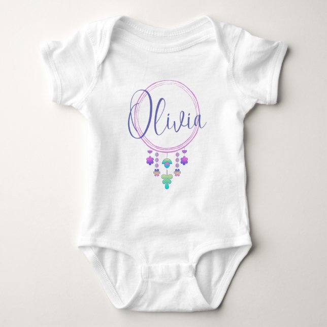 Olivia Name Reveal Girl Whimsical Cute Hippy Boho  Baby Bodysuit (Front)