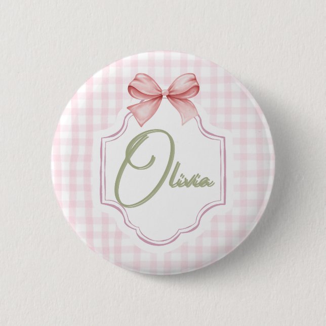Olivia Personalized Pink Bow & Gingham Print  6 Cm Round Badge (Front)
