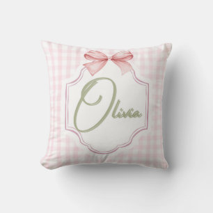 Olivia Personalized Pink Bow & Gingham Print Cushion
