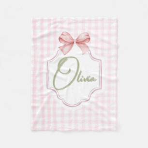 Olivia Personalized Pink Bow & Gingham Print Fleece Blanket