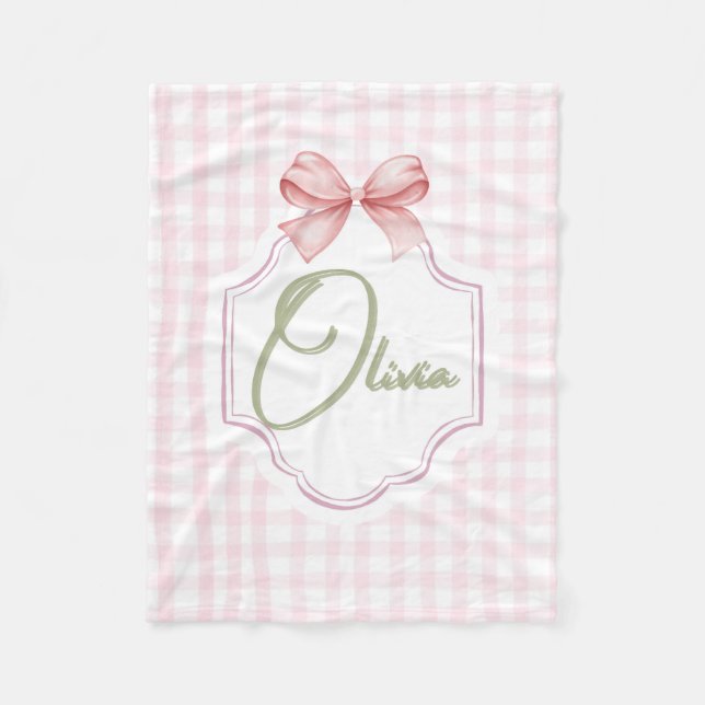 Olivia Personalized Pink Bow & Gingham Print  Fleece Blanket (Front)