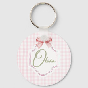 Olivia Personalized Pink Bow & Gingham Print  Key Ring