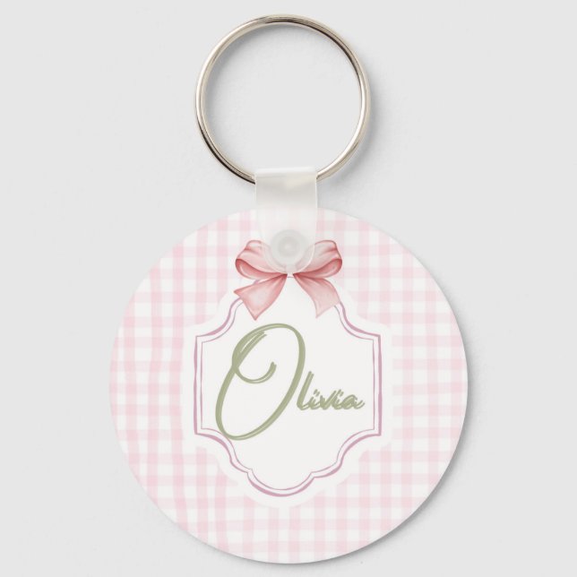 Olivia Personalized Pink Bow & Gingham Print  Key Ring (Front)