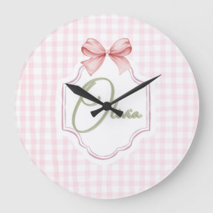 Olivia Personalized Pink Bow & Gingham Print  Large Clock