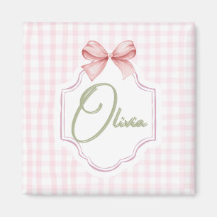 Olivia Personalized Pink Bow & Gingham Print  Magnet