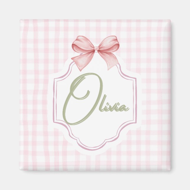 Olivia Personalized Pink Bow & Gingham Print  Magnet (Front)