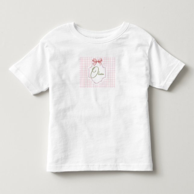 Olivia Personalized Pink Bow & Gingham Print  Toddler T-Shirt (Front)