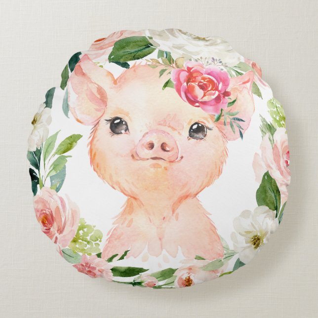 Olivia Pigsley Pig  with Blush Pink Floral Wreath Round Cushion (Front)