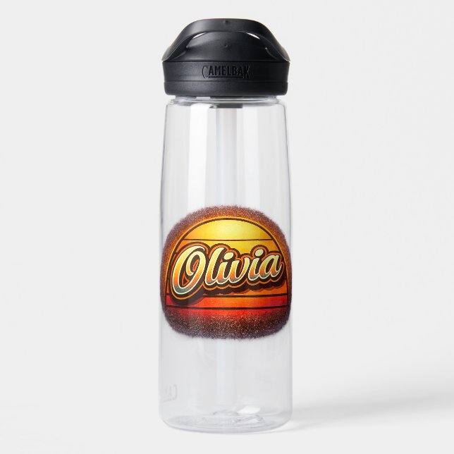 Olivia Retro Sunset Personalized Name Design Water Bottle (Back)