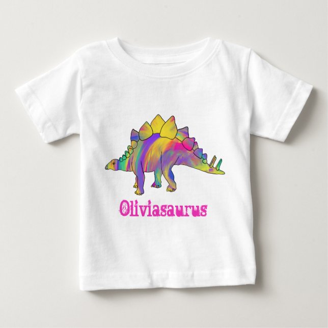 Olivia Saurus Colorful Stegosaurus Dinosaur Art Baby T-Shirt (Front)