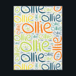 Ollie Postcard<br><div class="desc">Ollie. Show and wear this popular beautiful male first name designed as colorful wordcloud made of horizontal and vertical cursive hand lettering typography in different sizes and adorable fresh colors. Wear your positive american name or show the world whom you love or adore. Merch with this soft text artwork is...</div>