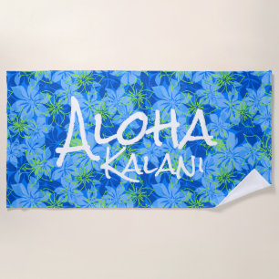 Olowalu Hibiscus Hawaiian Camo Aloha Monogram Blue Beach Towel