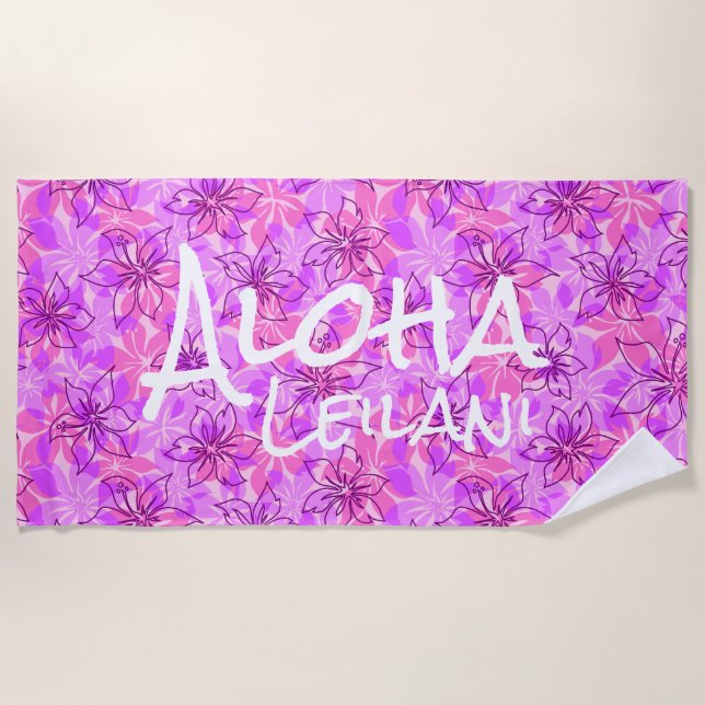 Olowalu Hibiscus Hawaiian Camo Aloha Monogram Pink Beach Towel (Front)