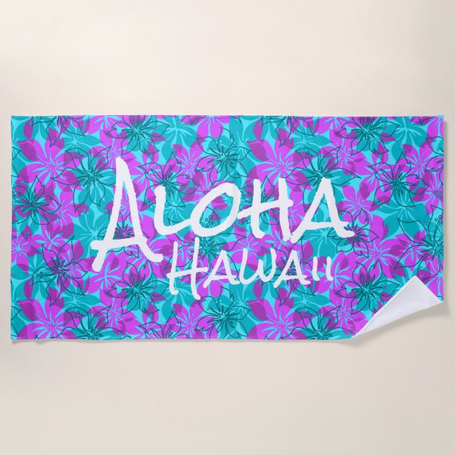 Olowalu Hibiscus Hawaiian Camo Aloha Monogram Teal Beach Towel (Front)
