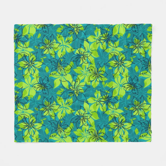 Olowalu Hibiscus Hawaiian Camo Aloha Shirt Print Fleece Blanket (Front (Horizontal))
