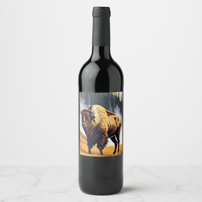 Olympic National Park Bison Buffalo Watercolor Wine Label (Front)