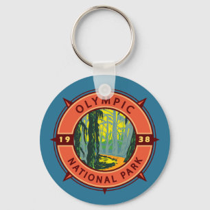 Olympic National Park Hoh Rainforest Retro Compass Key Ring