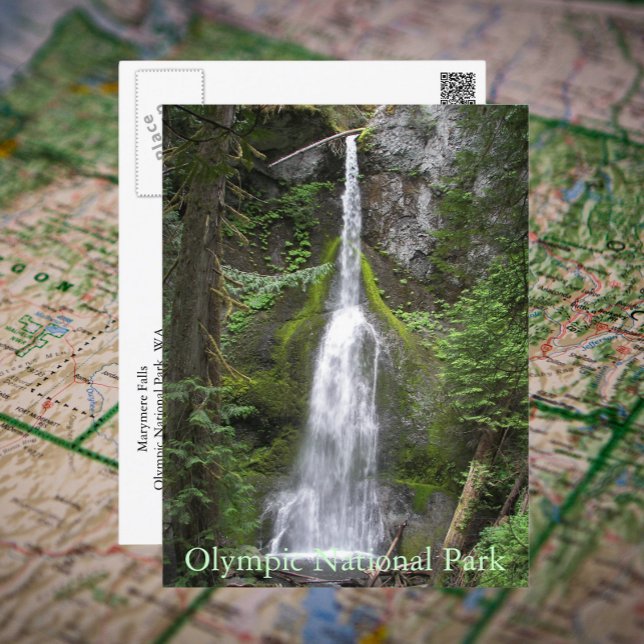 Olympic National Park Waterfall Travel Photo Postcard (In Situ Map)