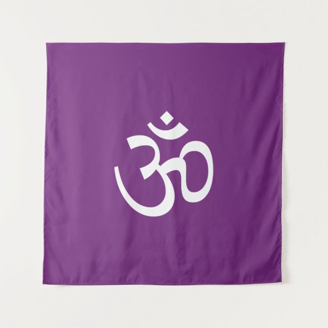 Om Aum outline Icon purple white Hinduism Symbol  Tapestry (Front)