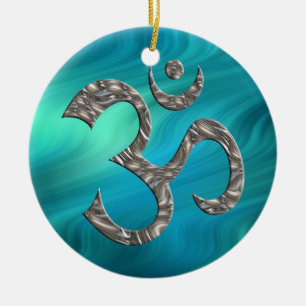 OM / AUM - SILVER   bluegreen waves Ceramic Tree Decoration