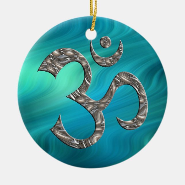 OM / AUM - SILVER | bluegreen waves Ceramic Tree Decoration (Front)