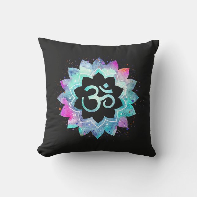 *~* Om Aum Turquoise Blue Magenta Black Outdoor Cushion (Front)