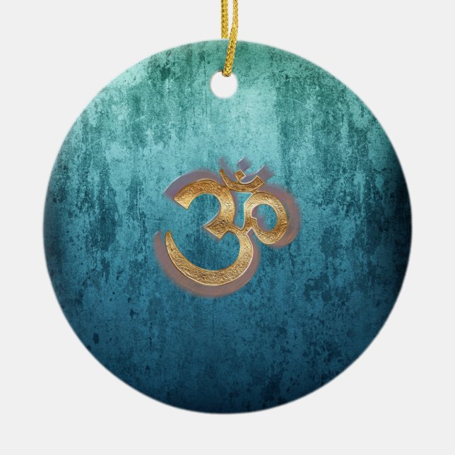OM blue brass gold damask Asia Yoga Spiritualität Ceramic Ornament (Front)