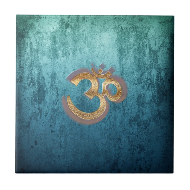 OM blue brass gold damask Asia Yoga Spiritualität Ceramic Tile (Front)