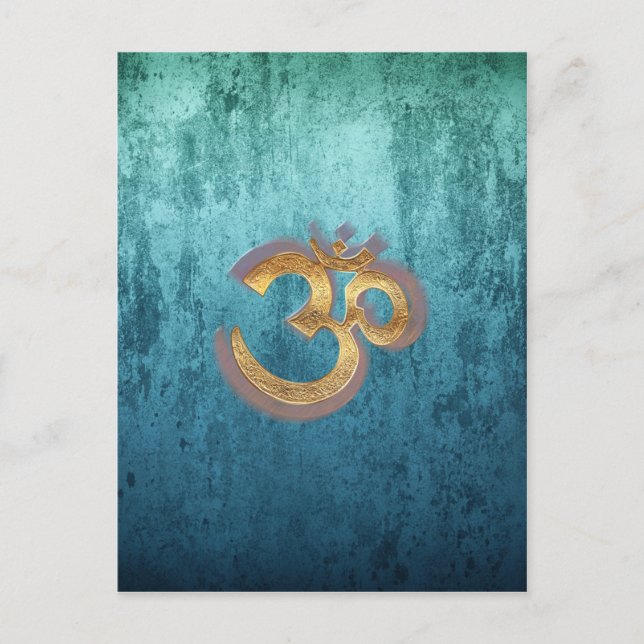 OM blue brass gold damask Asia Yoga Spiritualität Postcard (Front)