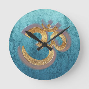 OM blue brass gold damask Asia Yoga Spiritualität Round Clock