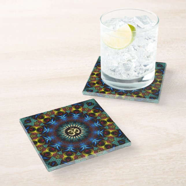 OM Floral Fractal Mandala Serving Tray Glass Coaster (Angled)