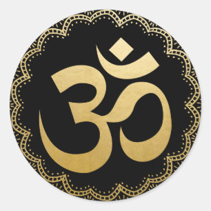 Om HIndu Meditation Symbol Yoga Faux Gold Black Classic Round Sticker