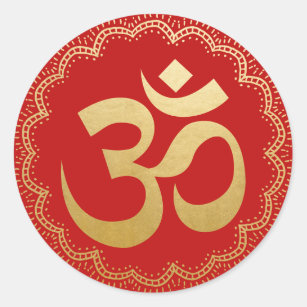 Om HIndu Meditation Symbol Yoga Faux Gold Foil Red Classic Round Sticker