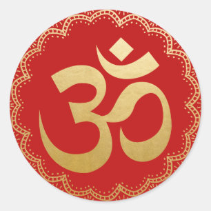 Om HIndu Meditation Symbol Yoga Faux Gold Foil Red Classic Round Sticker