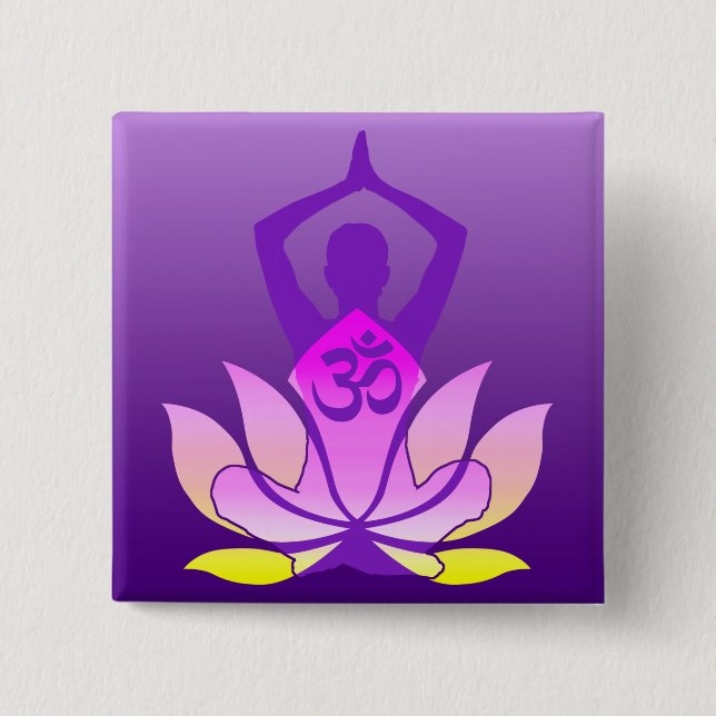 Om Lotus Flower Yoga Pose on Purple Gradient 15 Cm Square Badge (Front)