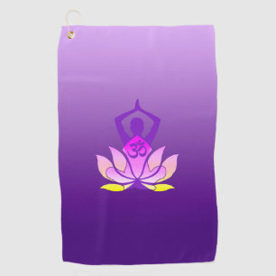 Om Lotus Flower Yoga Pose on Purple Gradient Golf Towel