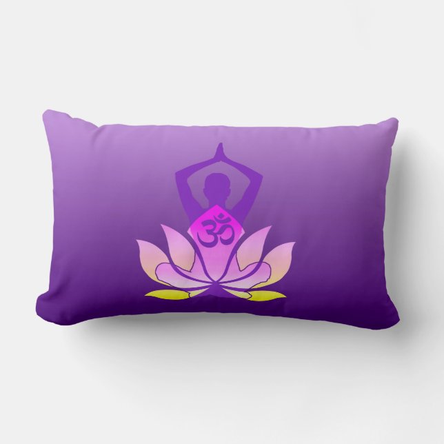 Om Lotus Flower Yoga Pose on Purple Gradient Lumbar Cushion (Front)