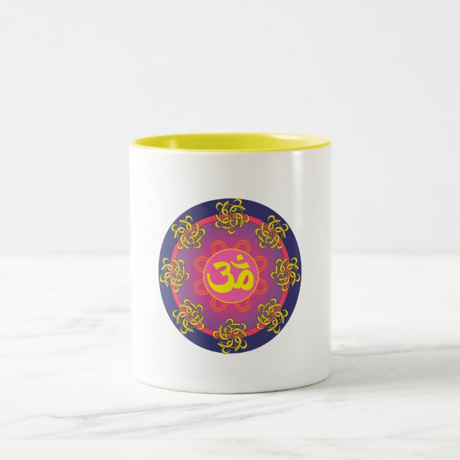 Om Mandala Blue Border Two-Tone Coffee Mug (Center)