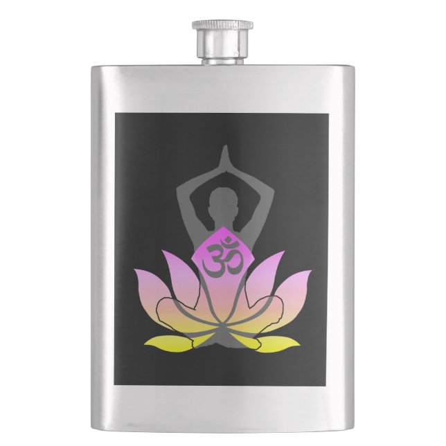 OM Namaste Spiritual Lotus Flower Yoga Pose Hip Flask (Front)