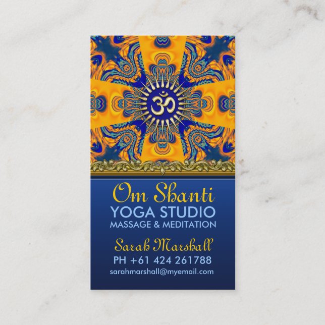 Om Shanti Yoga Orange Blue Business Cards (Front)