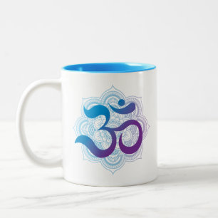 Om Symbol Mug Mandala Flower Purple and Blue