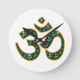 Om Symbol with "Emerald" Stones Round Clock