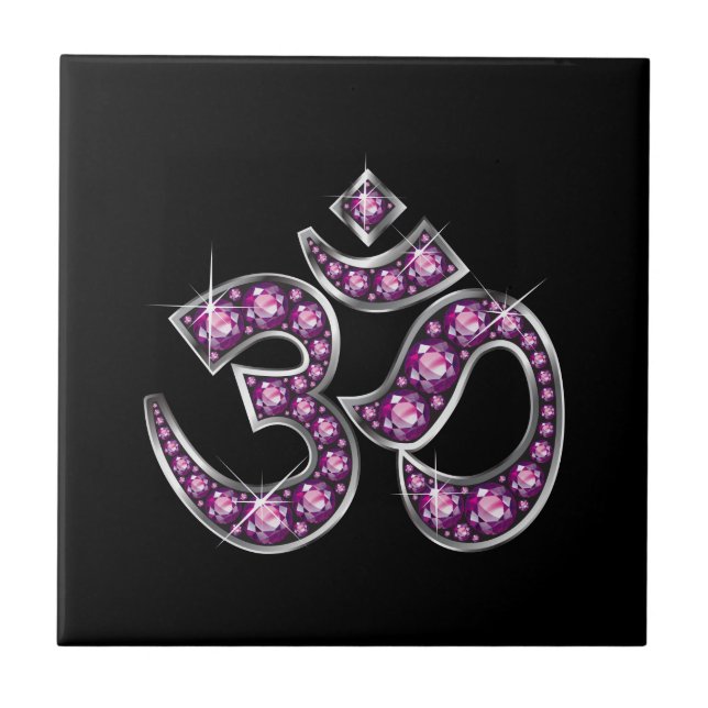 Om Symbol with "Garnet" Stones Ceramic Tile (Front)